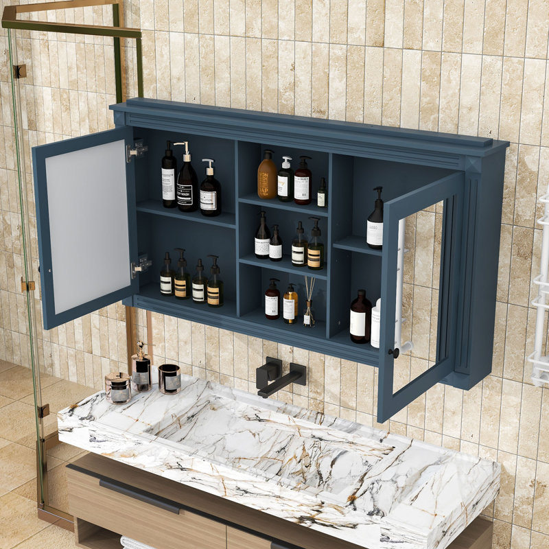 Armoire en bois avec miroir et porte à fermeture en douceur, Bleu