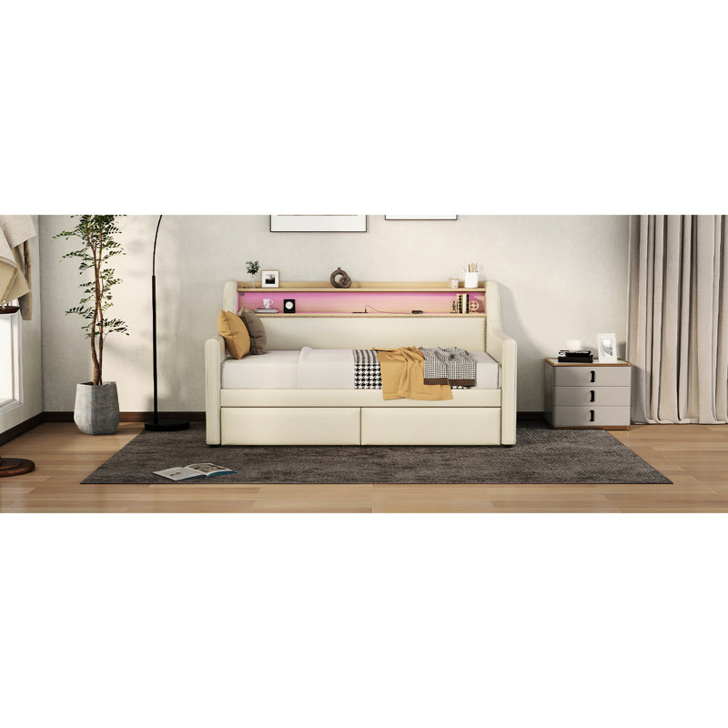 Lit de jour simple beige avec compartiments de rangement pour magazines, prise de charge et fonction de luminosité à DEL réglable, recouvert de lumières d'ambiance