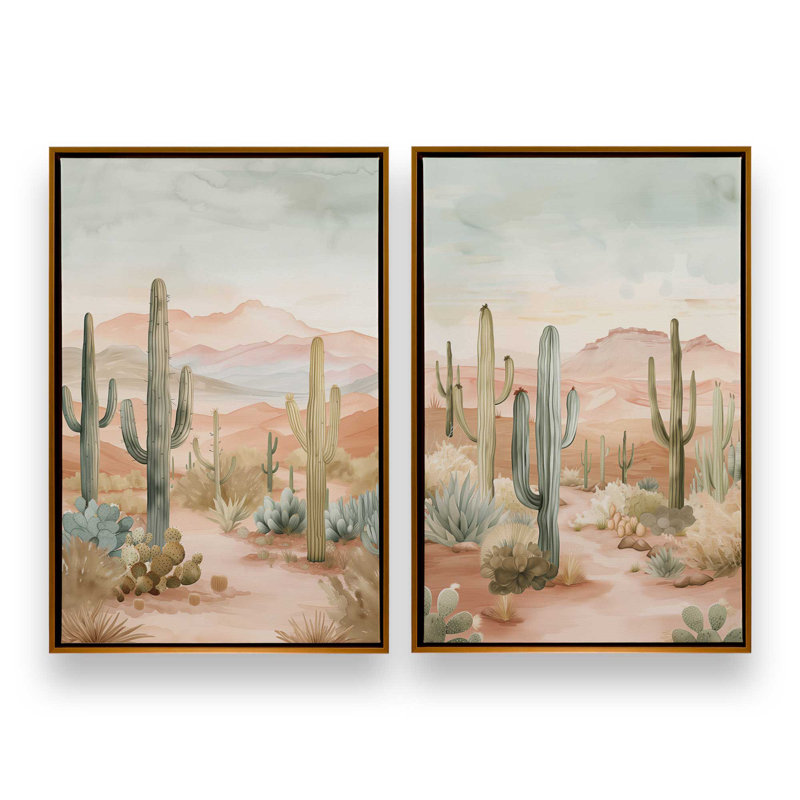 Ensemble de 2 impressions sur toile Cactus Waltz, Cadre flottant or poli, H 36,75 po x l 49,5 po x P 1,75 po