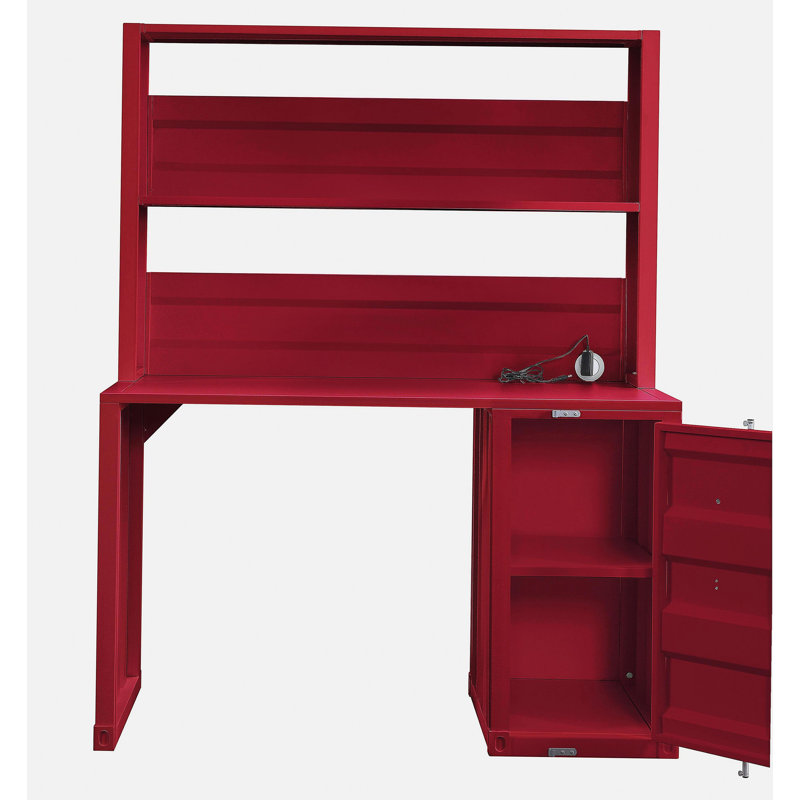 Bureau rouge à une porte avec bibliothèque