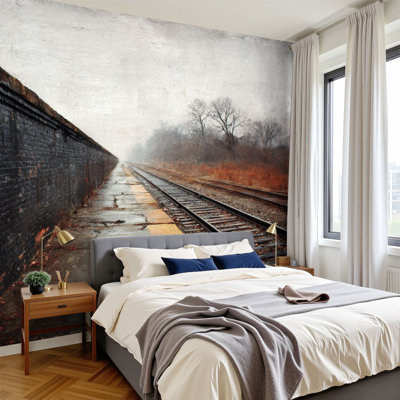 Bricks Peel and Stick Wallpaper Cinematic Overcast Train Station Rusted Metal Rails Wall Murals 100"H x 144"W Removable PVC Wall Paper Self-Adhesive Wall Decor for Bedroom Living Room Home Office