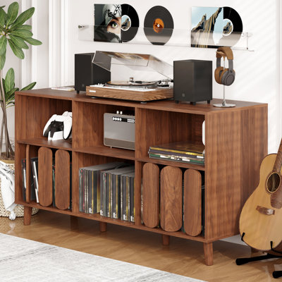 Mid-Century Modern Record Player Stand with Charging Station – 55'' Large Vinyl Record Storage Cabinet – 2 USB Ports & 2 AC Outlets – Open Shelves Turntable Media Console for Living Room – Wood Color
