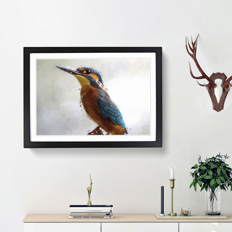 Graceful Kingfisher Bird in Abstract - Picture Frame Painting Print, 48cm H x 65cm W x 2cm D, Black Framed