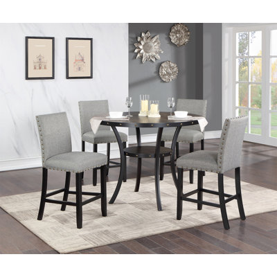 Dining Room Furniture Natural Wooden Round Dining Table 4X High Chairs Gray Fabric Nail Heads Trim Storage Shelve 5Pc Counter Height Dining Set -  Red Barrel StudioÂ®, 8D6527DC8D264B7FB27D6E7302D362AC