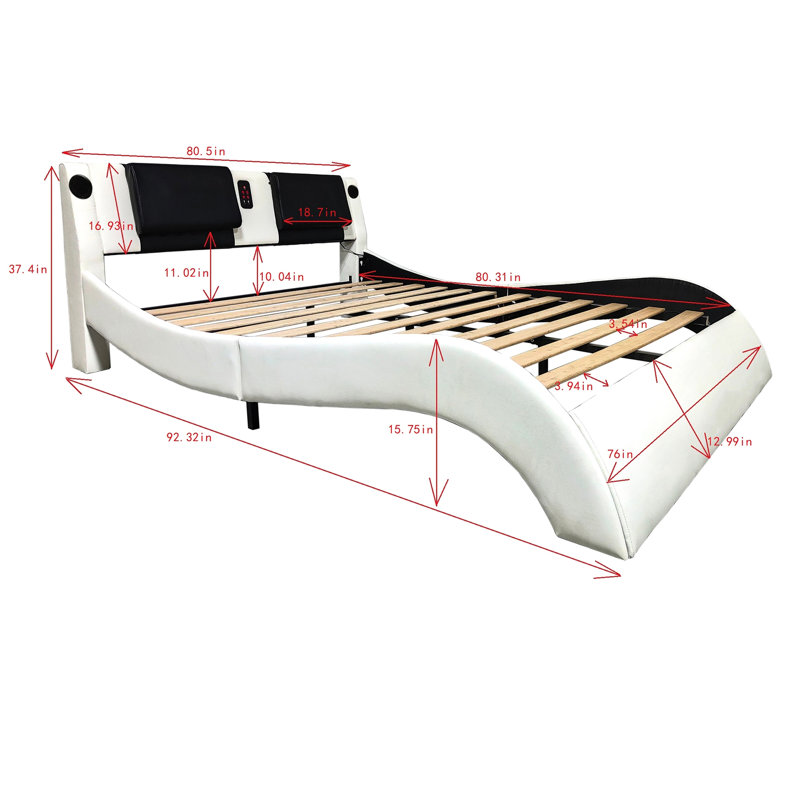 Très grand lit tapissier en similicuir avec lecture de musique et structure basse tension en cuir, avec intensité de vibration réglable