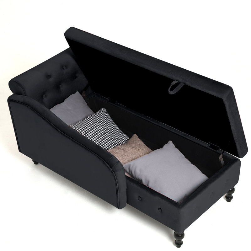 Chaise longue en velours avec accoudoir droit et espace de rangement, Noir, noir, noir, noir