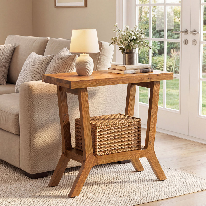 Table de bout en bois massif à 2 niveaux avec tablette de rangement, table d'appoint rustique, table de chevet étroite pour chambre à coucher, salon, brun
