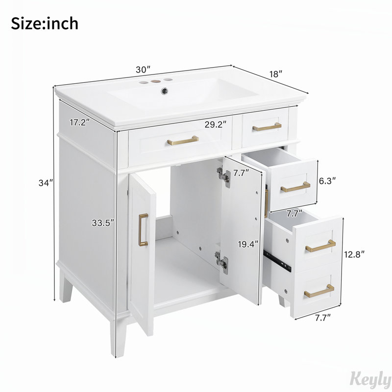 Meuble-lavabo 30 po avec lavabo en céramique, armoire de rangement et tiroir, Blanc