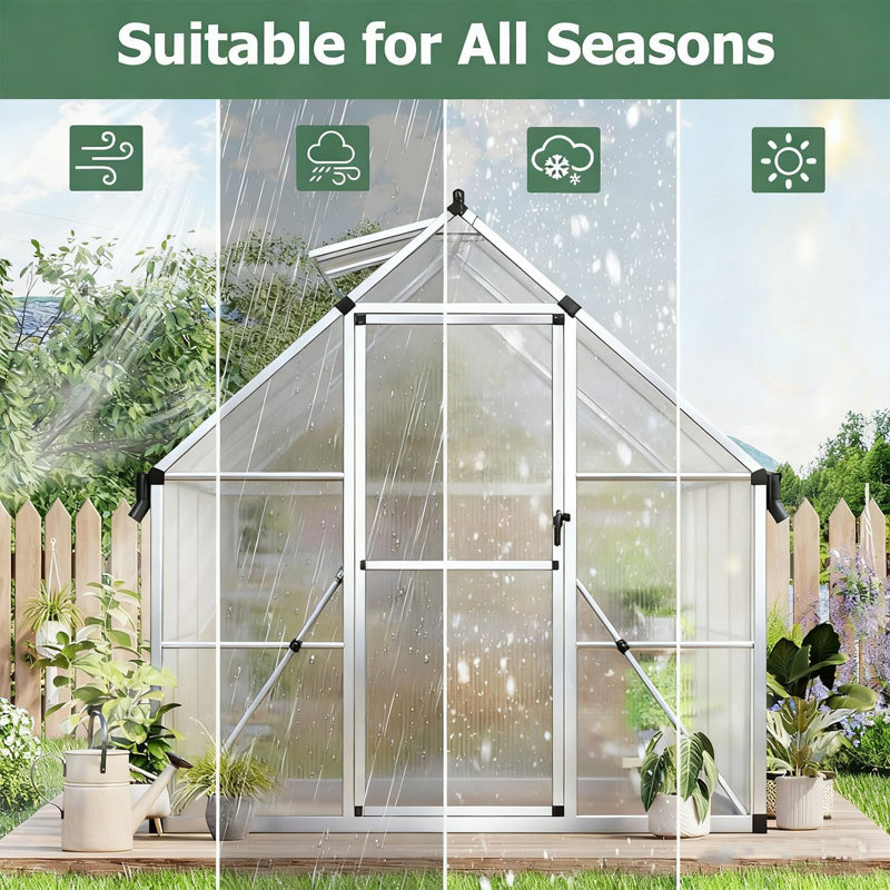 Serre en polycarbonate robuste de 6 pi x 7 pi avec structure en aluminium à installation rapide et grande aération de toit