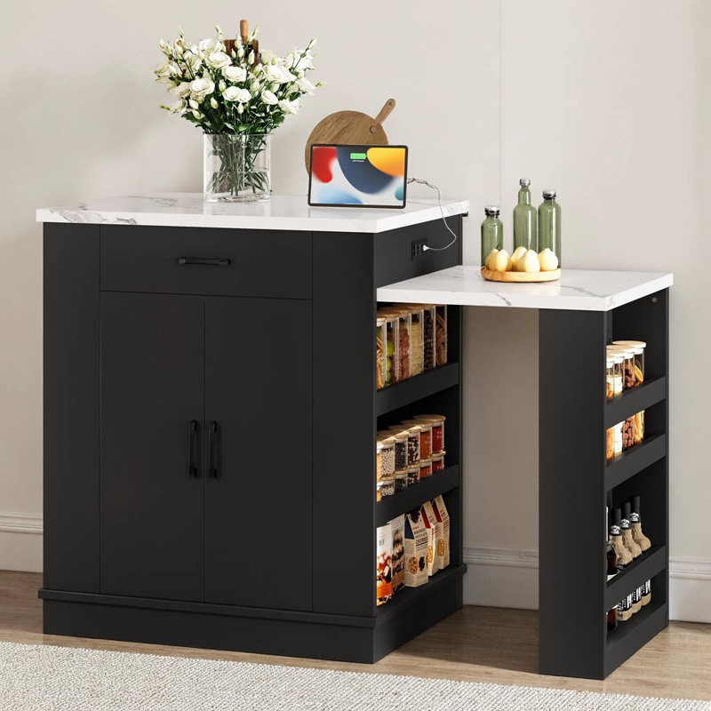 80" Extendable Kitchen Island with 2 Drawers, Double-Door Cabinet, 9 Open Shelves, Breakfast Bar & Dining Table Function
