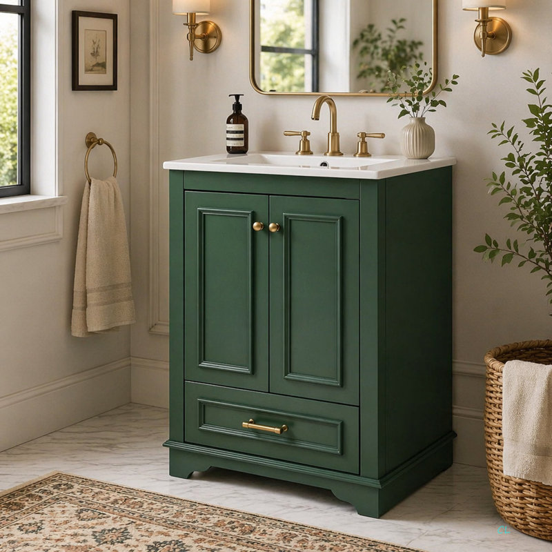 Meuble-lavabo 24 po avec lavabo en céramique, armoire de rangement autoportante moderne avec poignées, portes à fermeture douce