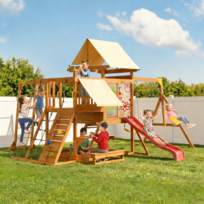 Suniboxi Playground Sets For Barkyards, Wooden Swing Set With Monkey Bars,Wave Slide,Shaded Picnic Area,Play Deck,Rock Wall Ladder,Robe Ladder, Outdoo
