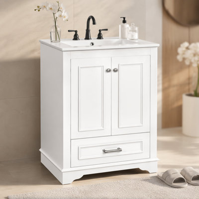 Ensemble de meuble-lavabo 24 po avec lavabo en céramique, armoire de rangement autoportante moderne avec poignées, portes à fermeture douce