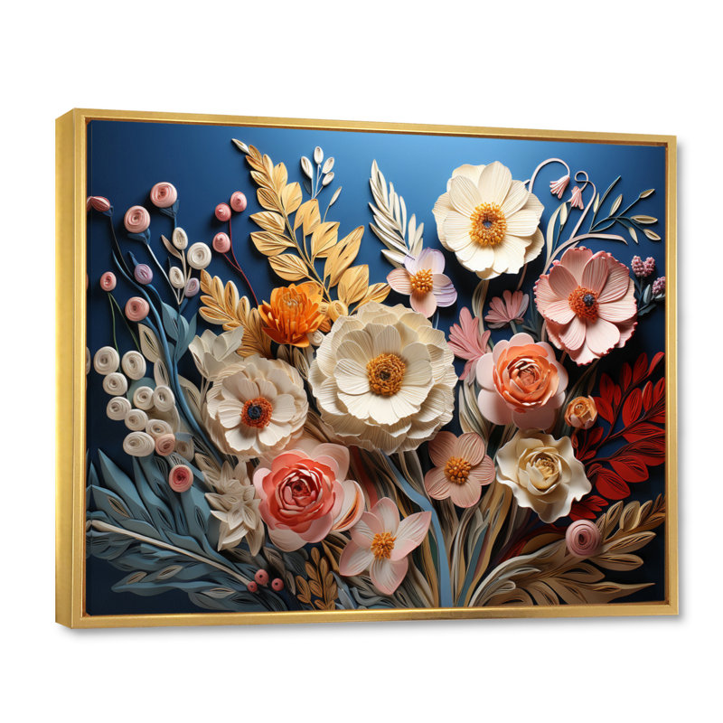 «White Wildflowers Natures Symphony II», art mural fleurs sauvages, Cadre flottant doré, H 30 po x l 40 po x P 1,5 po