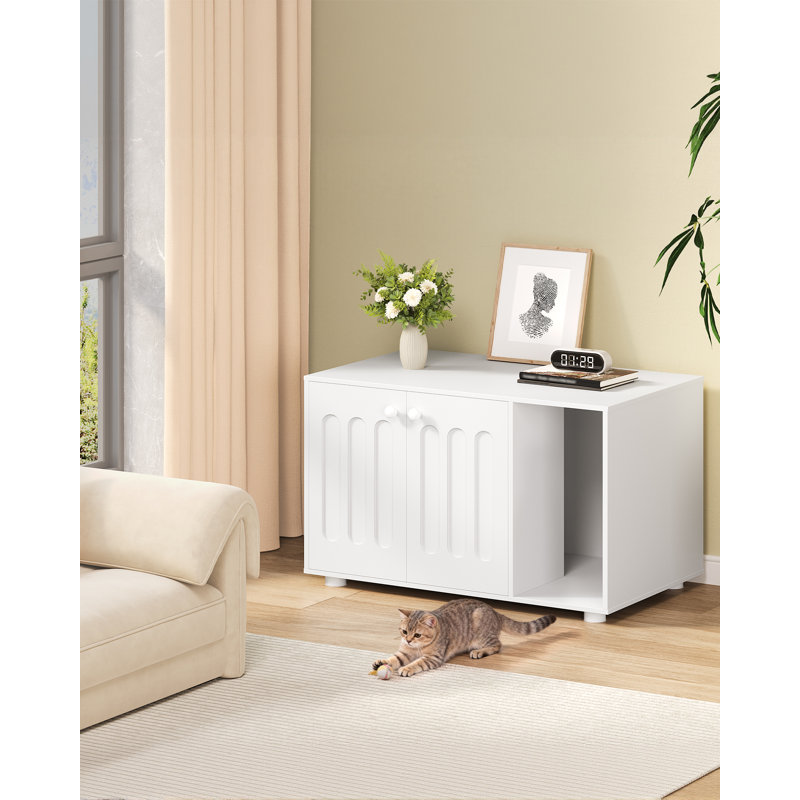 Cat Litter Box Enclosure, Hidden Litter Box Cabinet Furniture with Legs, Wooden Cat Litter Cupboard with 2 Door and Independent Partition, Modern Style, 80 x 48 x 51 cm, White 