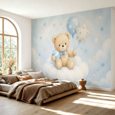 Wall Mural Peel and Stick Wallpaper Watercolor Teddy Bear balloons cloud stars Self-Adhesive Removable Contact Paper Wall Decor for Living Room Bedroom 69"H x 96"W