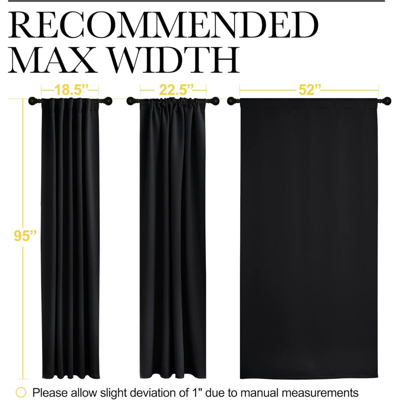 Blackout Curtain Light & Noise Reducing Room Darkening Drapes for Bedroom/Living Room/Kitchen, 2 Pieces, 52" W x 95" L, Black