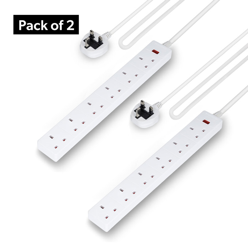 GEEPAS 6 Gang Extension Lead, 1M Cable | 6-Way Plug Extension Cable with Neon Indicator Light | Wall Mountable & Multi Socket Mains Strip for Home Bedroom Office | Heavy Duty UK Plug | White Pack of 2