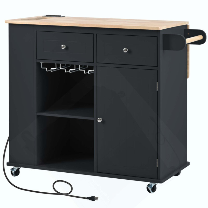 Îlot de cuisine avec prise de courant, îlot de rangement avec abattant et bois d'hévéa, rangement ouvert et support à vin, 5 roulettes, avec rangement réglable pour la maison, la cuisine et la salle à manger