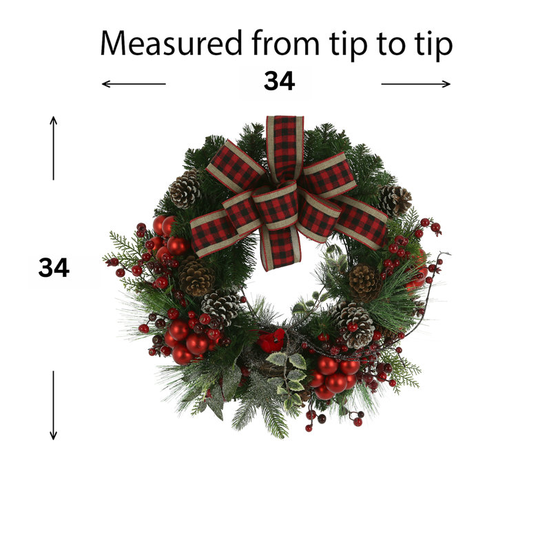 34" Holiday Wreath With Pinecones, Ornaments, And Berries, 34" H x 34" W x 10" D