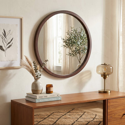 20" Round Wall Mirror with Walnut Circle Frame, Brown