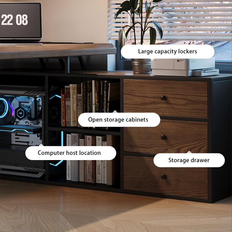 Bureau à 3 tiroirs brun noyer + bois massif noir + fer, H 29,53 po x l 62,99 po x P 23,62 po, Retour à droite