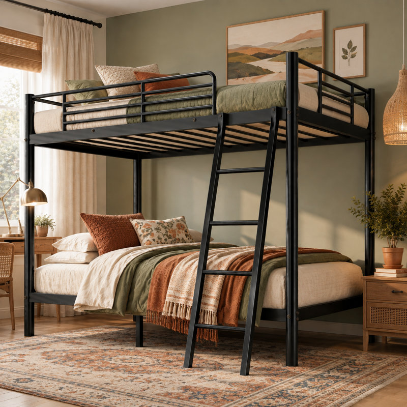 Twin Over Twin Heavy Duty Metal Bunk Bed Frame with Guardrail & Ladder, Noise-Free Platform Bed, No Box Spring Needed, Space-Saving Bed for Kids Teens Adults, Black