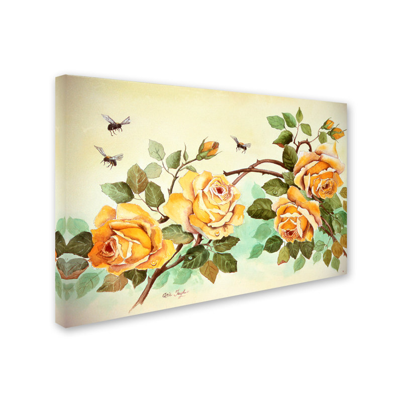 «Yellow Roses with Bees» de Dugazon, reproduction de peinture à l'huile sur toile tendue, H 30 po x l 47 po x P 2 po