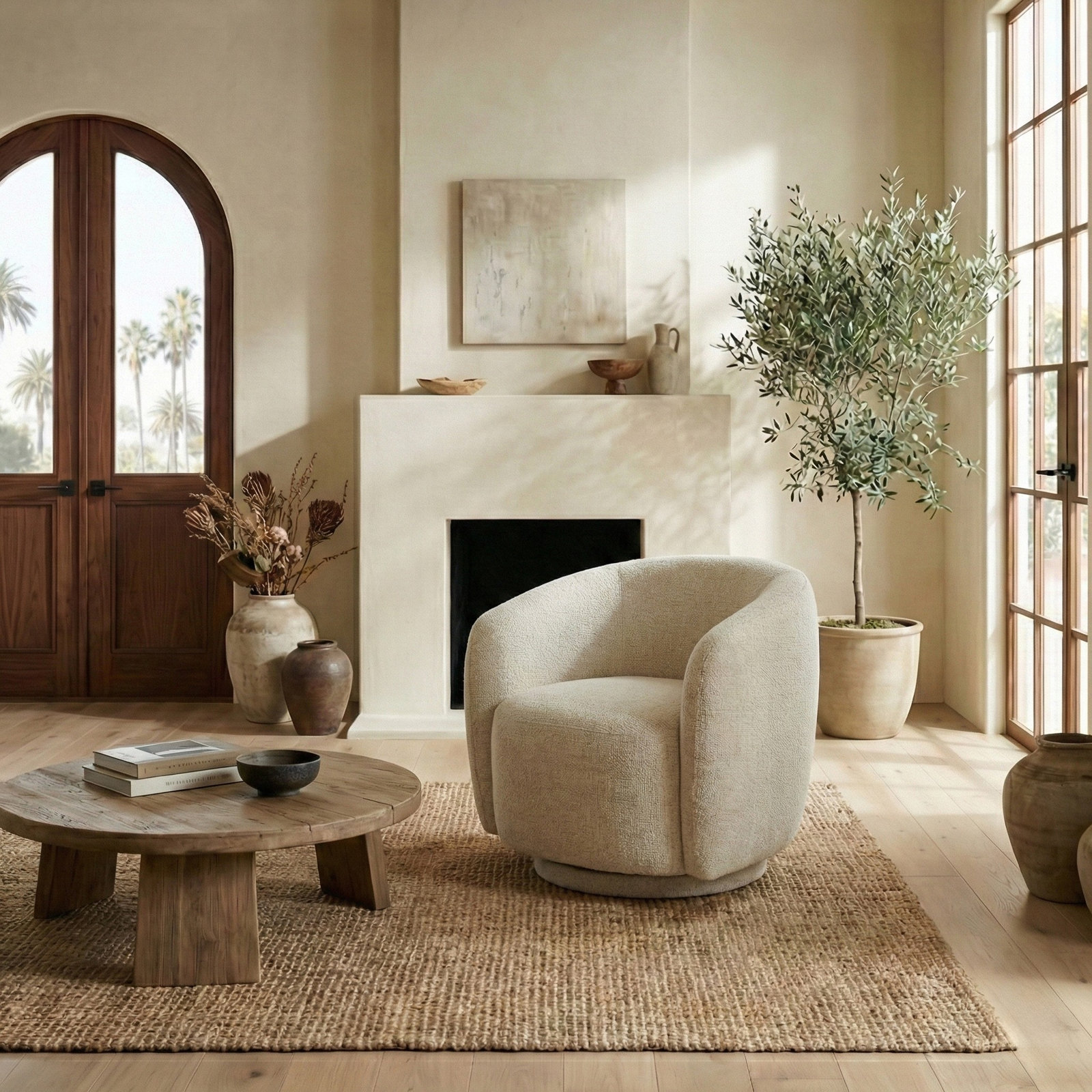 Pine Swivel Barrel Chair, Oat Textured Chenille