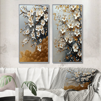 Ensemble de 2 pièces de fleurs de cerisier en or doré bleu Bonzai Blossom I