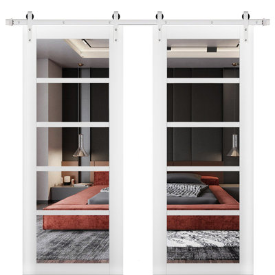 Quadro Clear Glass Wood Sturdy Interior Barn White Doors with Installation Hardware Kit