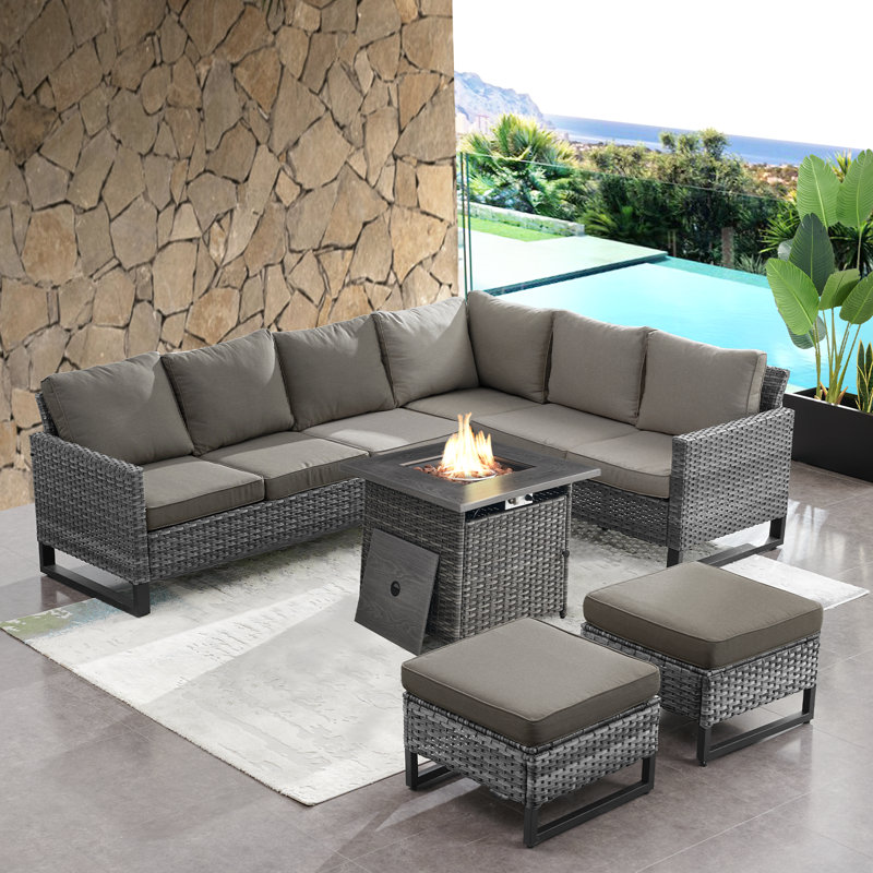 Ensemble de conversation modulaire en forme de L avec ensemble de foyer d'extérieur en osier 4 pièces Naresa, Gris