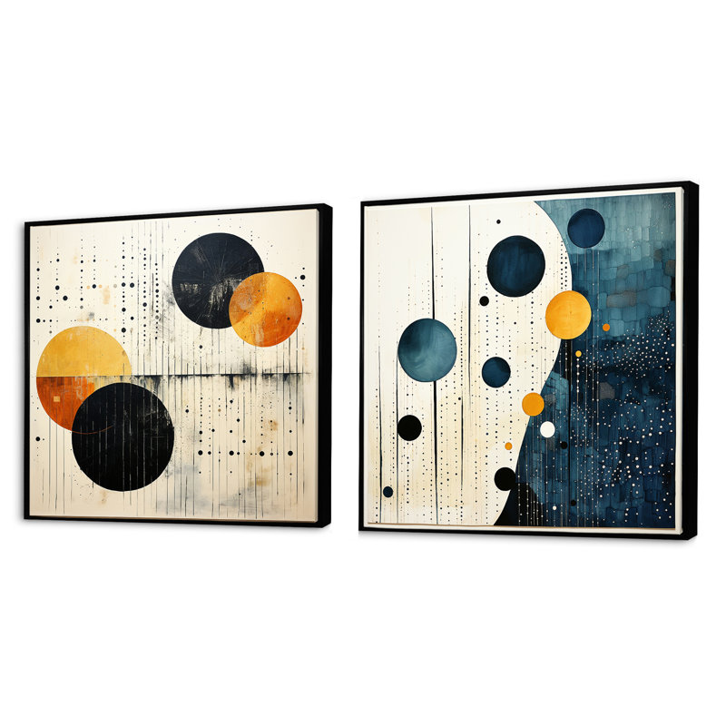 Ensemble de 2 collages carrés sarcelle orange Mid Century Minimalist Oasis, Cadre flottant noir, H 16 po x l 33 po