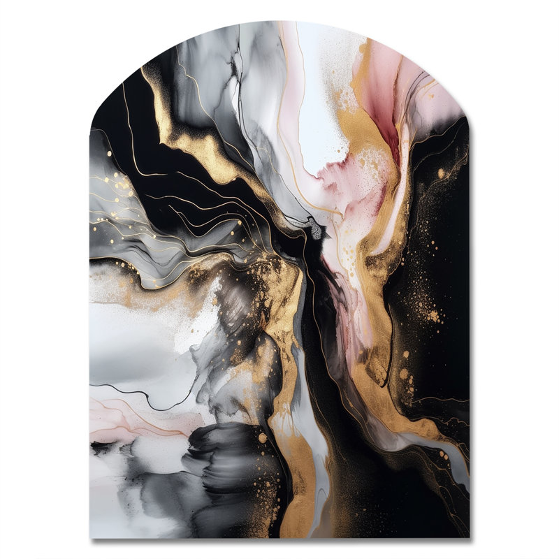 Black Gold Marble Splash I - Arch Abstract Marble Metal Wall Art, Asymmetrical Metal Wall Sculpture Print