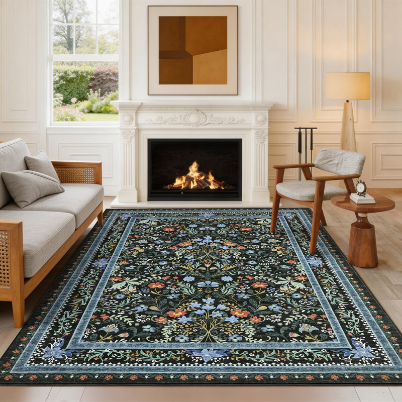 Tapis floral délavé et lavable rétro, Noir, 5*7