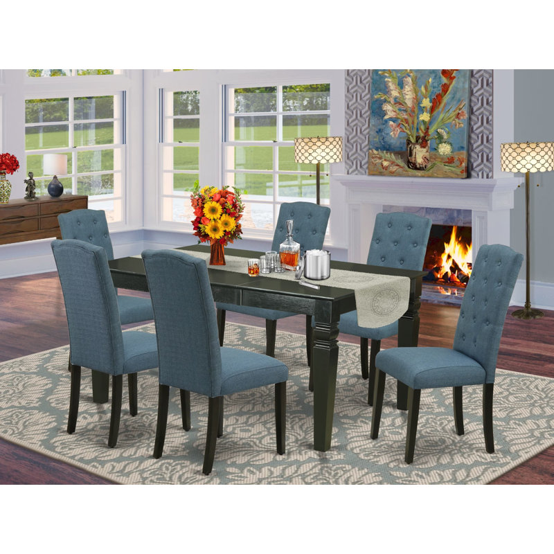 7 Piece Modern Dining Set Consist of a Rectangle Dining Table with Butterfly Leaf and 6 Mineral Blue Linen Fabric Upholstered Chairs, Black