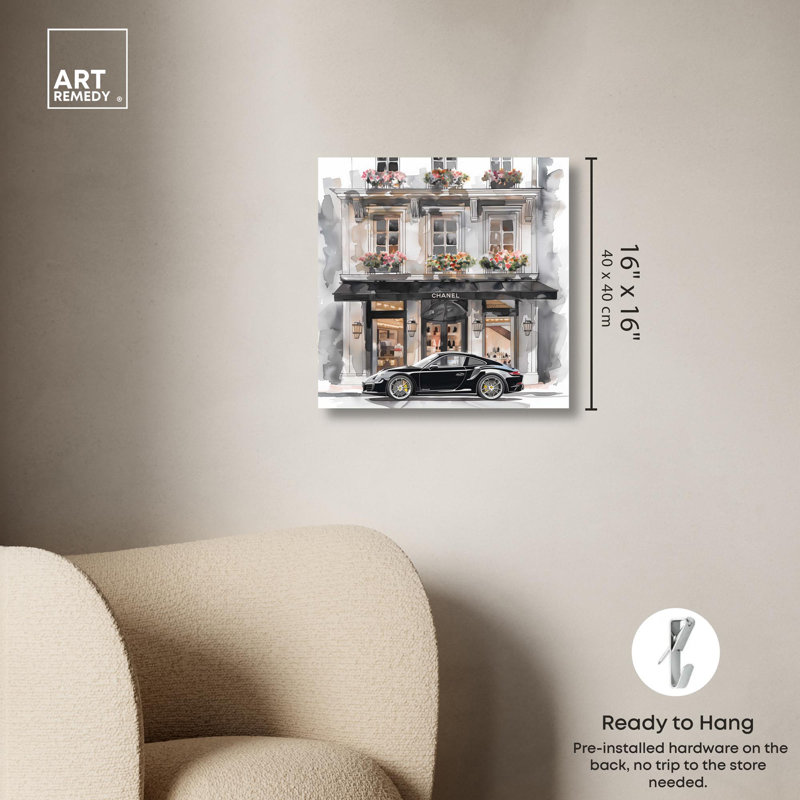 Illustration de mode sur toile devant une voiture de luxe par Art Remedy, Toile tendue, H 16 po x l 16 po x P 1,5 po