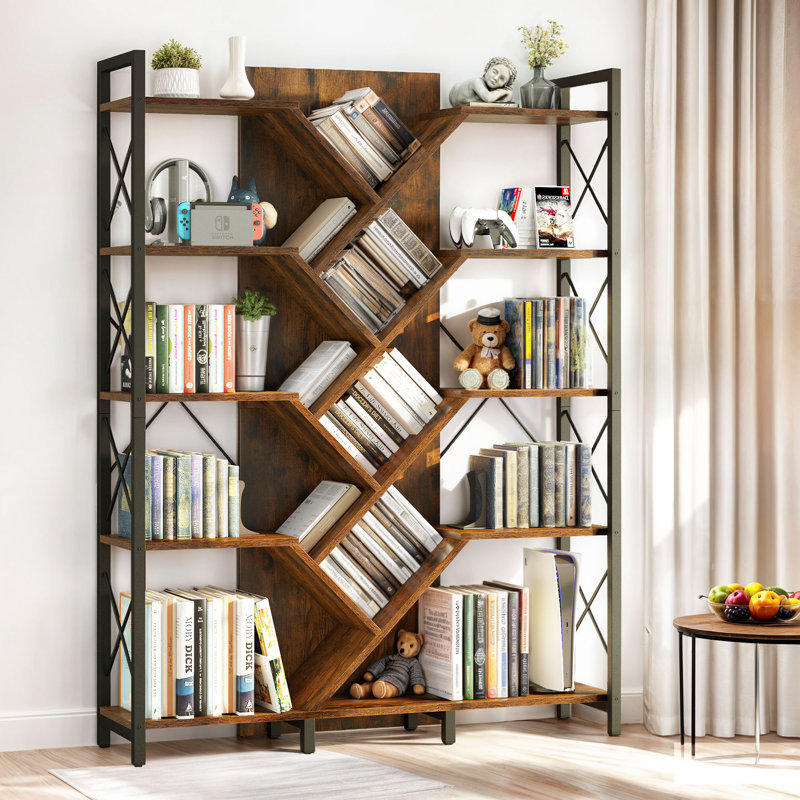 Mid Century Tree Shaped Corner Bookcase 5 Tier Sculptural Storage with Steel Frame, Anti Tip & Oversized Design