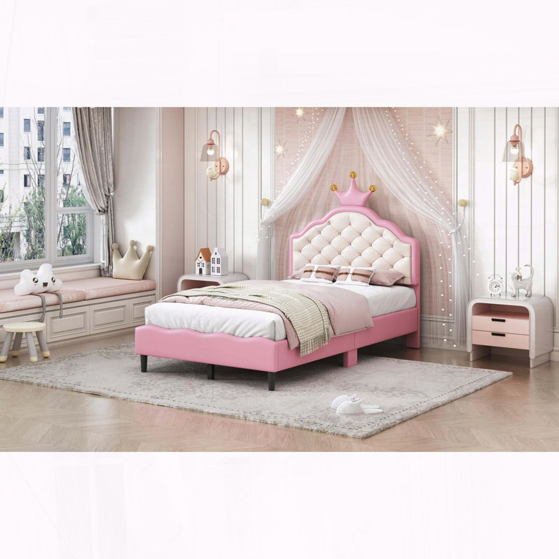Lit simple princesse en cuir PU avec tête de lit capitonnée