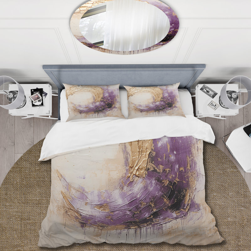 Ensemble de housse de couette à peinture abstraite dorée et mauve, Housse de couette simple et deux taies décorative