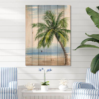 Palm Tree At The Beach Resort - Nautical & Coastal Print On Natural Pine wood