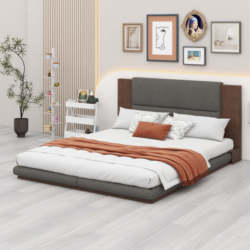 Floor Upholstered Platform Bed With Extended Wood Headboard & Bedside Shelf, Queen