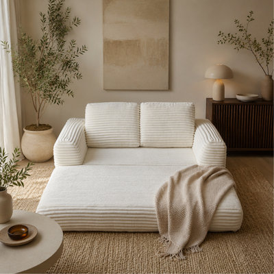 2-in-1 Folding Convertible Sofa Bed, Modern Corduroy Sleeper Couch with 2*pillows, Futon Modular Upholstered Boneless Loveseat with Pull-Out Bed,Folding Floor Modular Couch for Living Room Beige