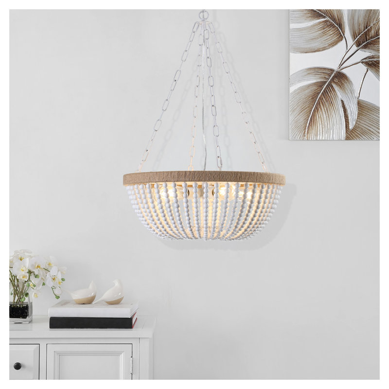 Lustre 22 po en bois perlé de style campagnard - Blanc rustique et luminaire suspendu en chêne pour décor de salle à manger, d'îlot de cuisine ou de chambre à coucher