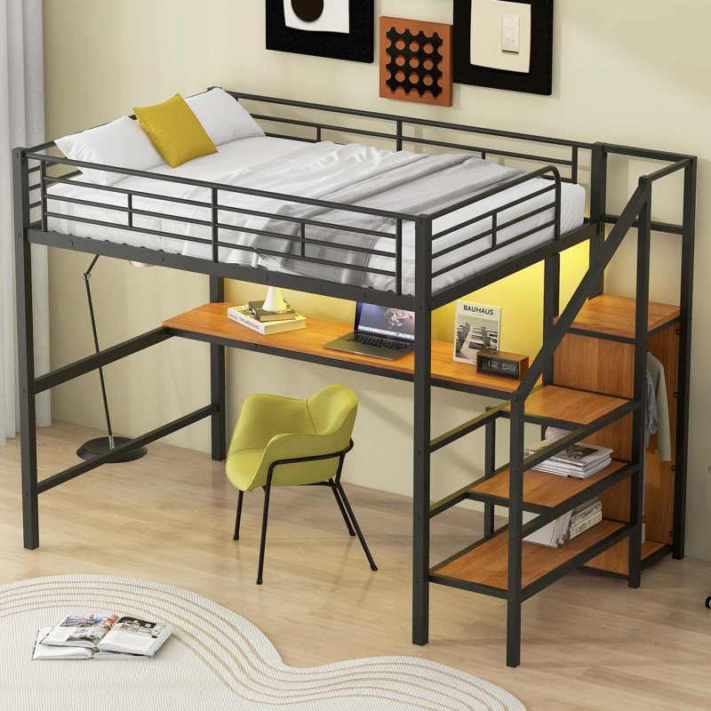 Lit mezzanine avec bureau, escalier de rangement, Noir
