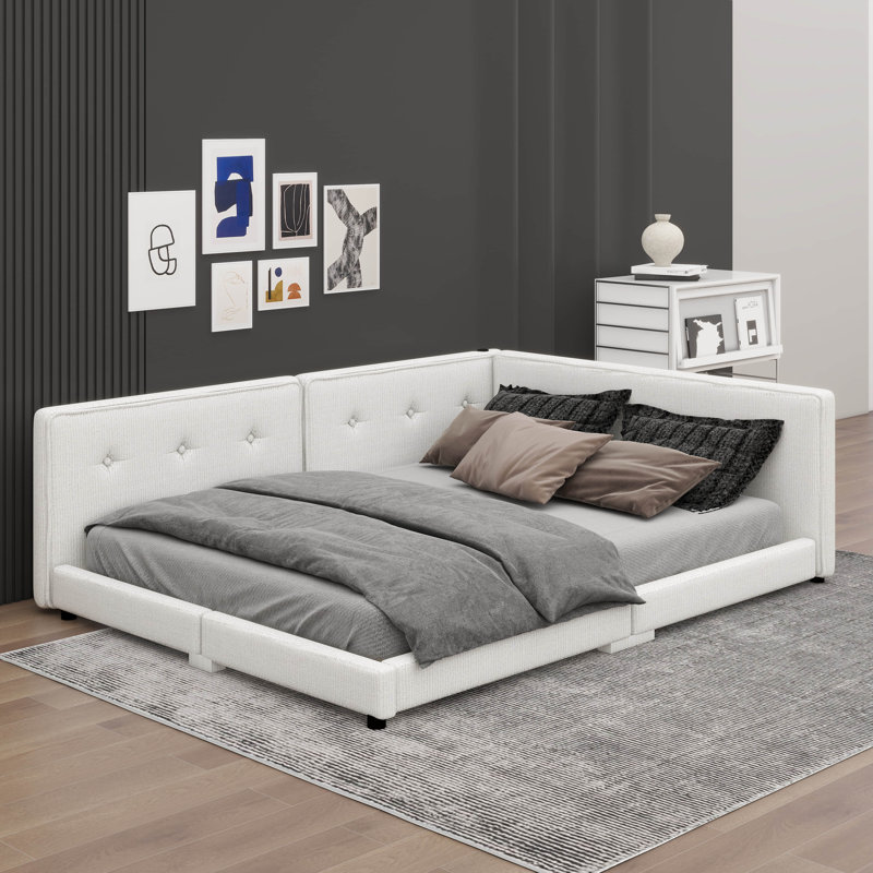A  Upholstered Platform Bed With Built-In USB Ports, Beige, Queen