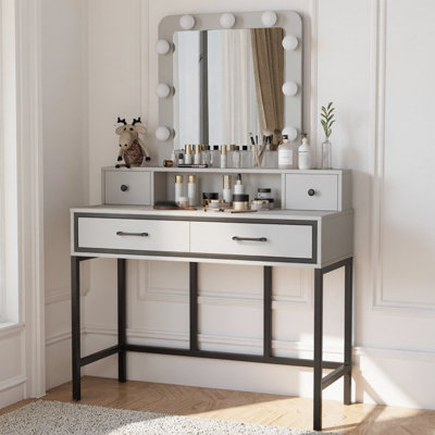 Bureau de coiffeuse 39,4 po avec miroir lumineux 3 couleurs - Table de maquillage brune avec 4 tiroirs et 2 tablettes ouvertes - Miroir Hollywood 9 DEL, 10 niveaux de luminosité - Cadre en bois et métal certifié P2 durable - Commode pour la chambre à coucher, le placard, le vestiaire