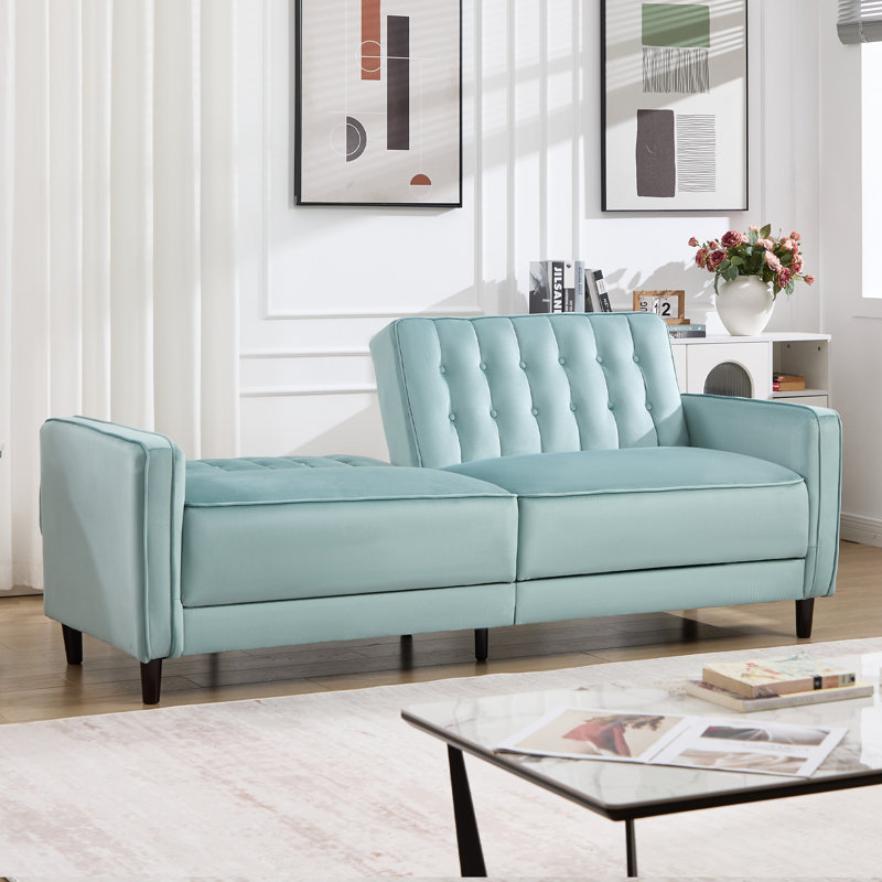 81.9" Wide Skin-Friendly Velvet Convertible Sleeper Sofa Bed With Tufted Back, Mint Blue Velvet