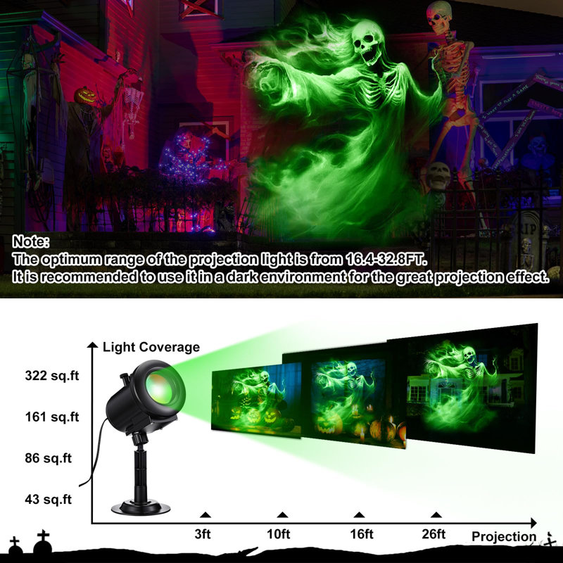 Projecteur d'Halloween pour l'extérieur, intérieur, effets dynamiques 3D 12-en-1 avec crâne, chauves-souris fantômes, et télécommande pour le jardin de la fenêtre, décoration d'Halloween
