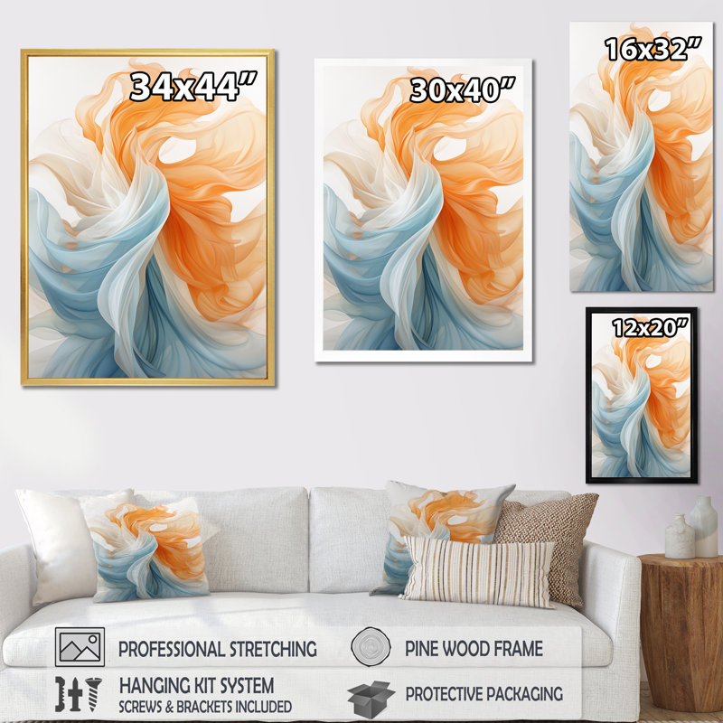 Encre liquide liquide, vague bleue abstraite - orange, encre liquide abstraite, H 40 po x l 30 po x P 1,5 po